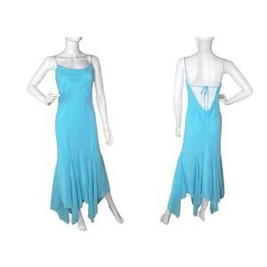 Vintage Size L Maxi Prom Slip Dress Sparkle Fairy Whimsy Blue Handkerchief Hem
